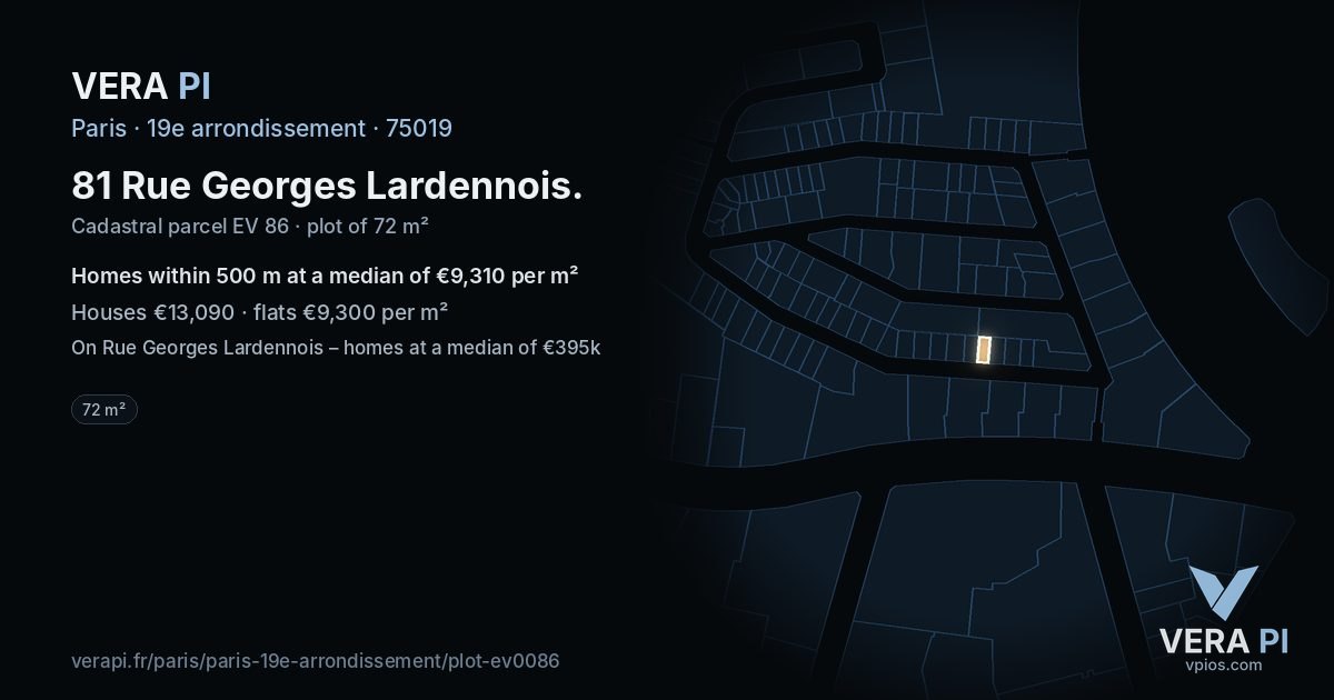 81 Rue Georges Lardennois, 19e arrondissement at night – the plot lit, the parcels around coloured by the prices near them