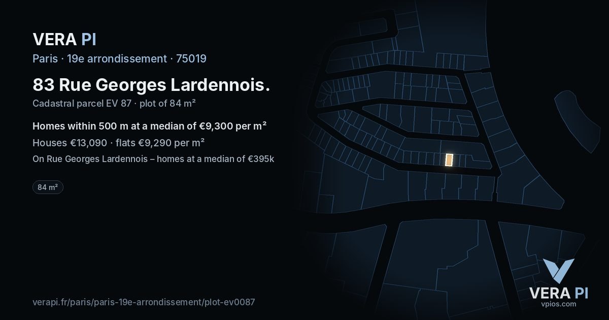 83 Rue Georges Lardennois, 19e arrondissement at night – the plot lit, the parcels around coloured by the prices near them