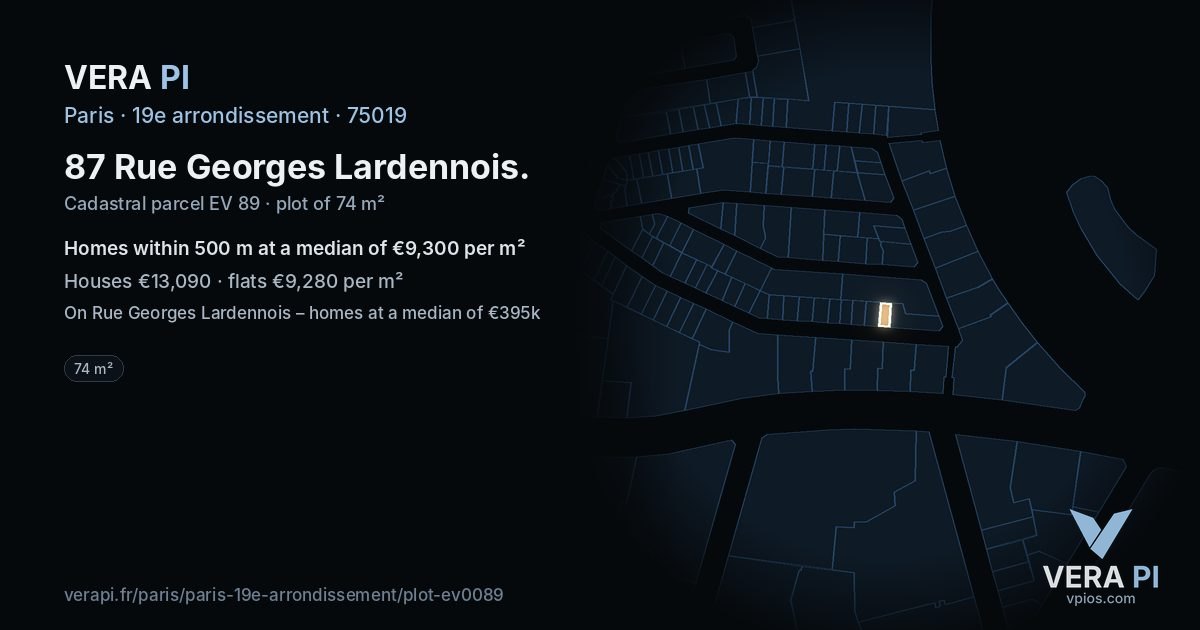 87 Rue Georges Lardennois, 19e arrondissement at night – the plot lit, the parcels around coloured by the prices near them