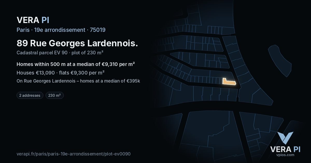 89 Rue Georges Lardennois, 19e arrondissement at night – the plot lit, the parcels around coloured by the prices near them