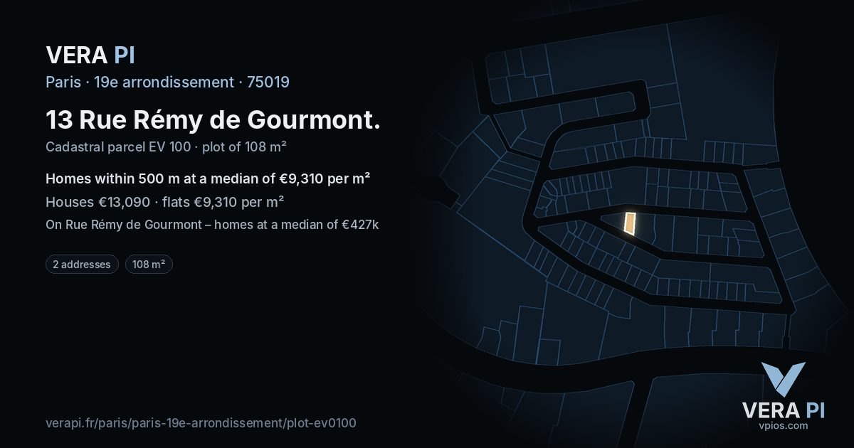 13 Rue Rémy de Gourmont, 19e arrondissement at night – the plot lit, the parcels around coloured by the prices near them