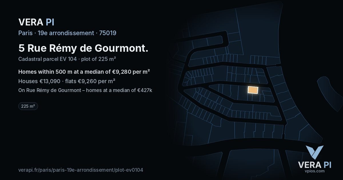 5 Rue Rémy de Gourmont, 19e arrondissement at night – the plot lit, the parcels around coloured by the prices near them