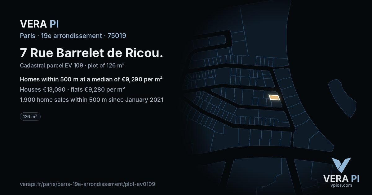 7 Rue Barrelet de Ricou, 19e arrondissement at night – the plot lit, the parcels around coloured by the prices near them