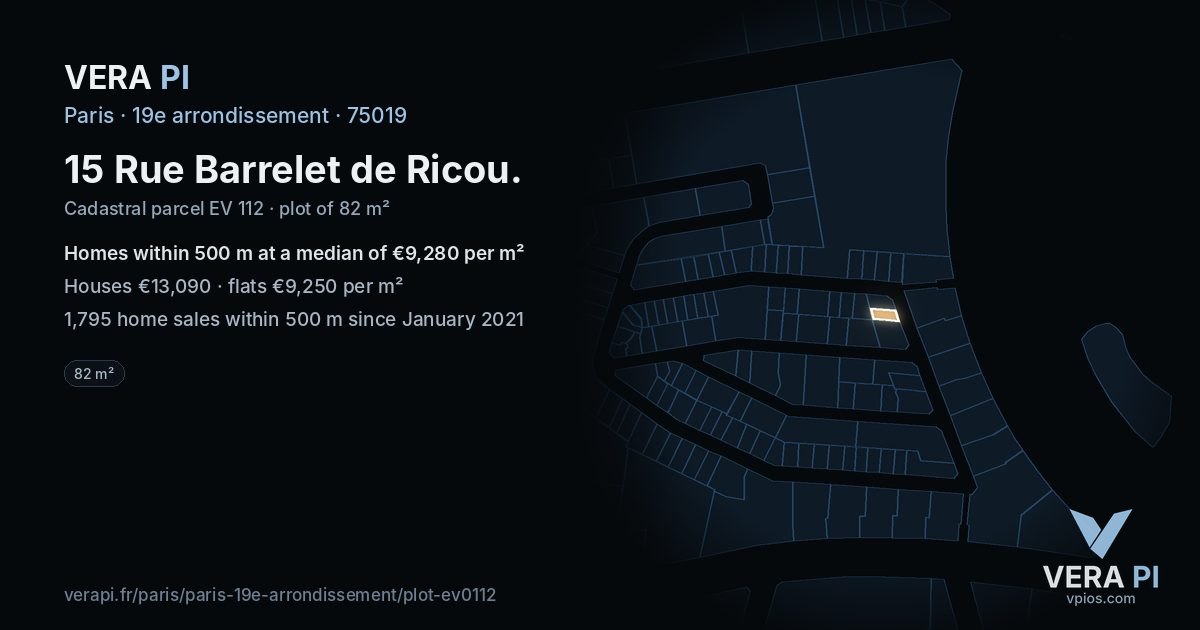 15 Rue Barrelet de Ricou, 19e arrondissement at night – the plot lit, the parcels around coloured by the prices near them
