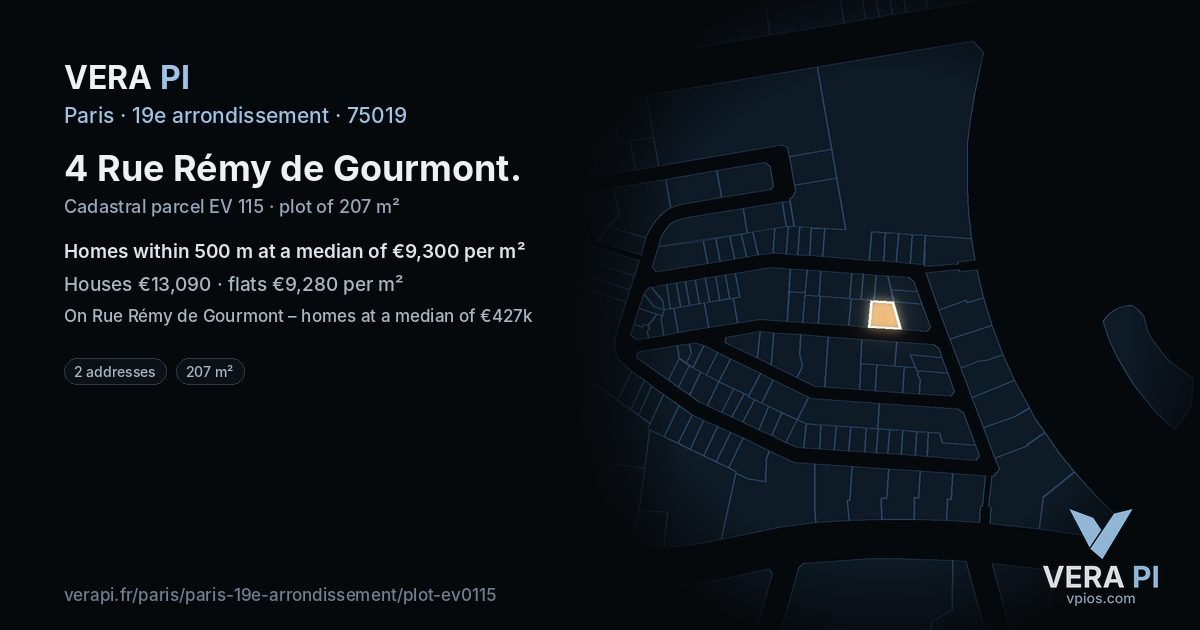 4 Rue Rémy de Gourmont, 19e arrondissement at night – the plot lit, the parcels around coloured by the prices near them