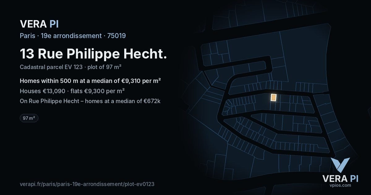 13 Rue Philippe Hecht, 19e arrondissement at night – the plot lit, the parcels around coloured by the prices near them