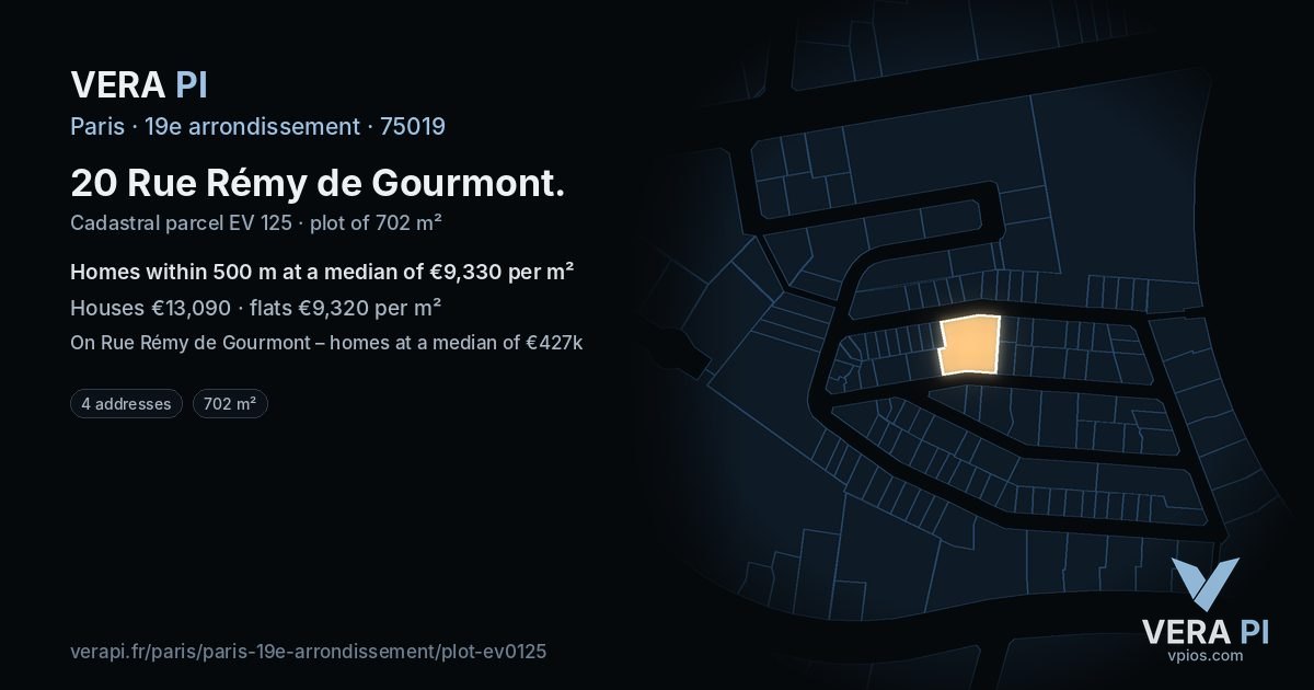 20 Rue Rémy de Gourmont, 19e arrondissement at night – the plot lit, the parcels around coloured by the prices near them