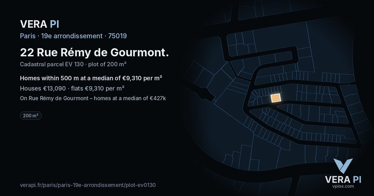 22 Rue Rémy de Gourmont, 19e arrondissement at night – the plot lit, the parcels around coloured by the prices near them