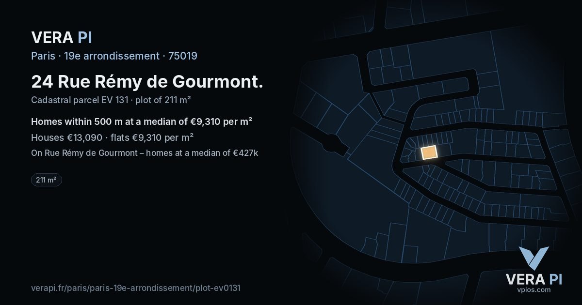24 Rue Rémy de Gourmont, 19e arrondissement at night – the plot lit, the parcels around coloured by the prices near them
