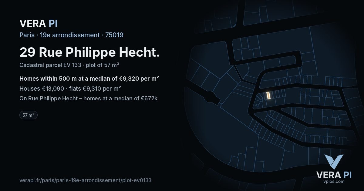 29 Rue Philippe Hecht, 19e arrondissement at night – the plot lit, the parcels around coloured by the prices near them
