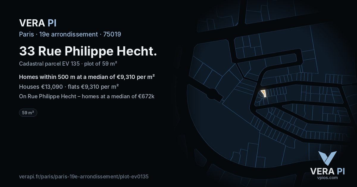 33 Rue Philippe Hecht, 19e arrondissement at night – the plot lit, the parcels around coloured by the prices near them
