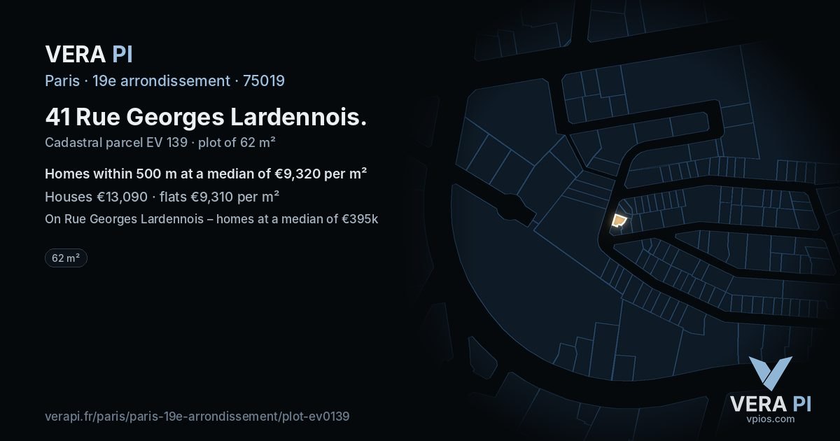 41 Rue Georges Lardennois, 19e arrondissement at night – the plot lit, the parcels around coloured by the prices near them