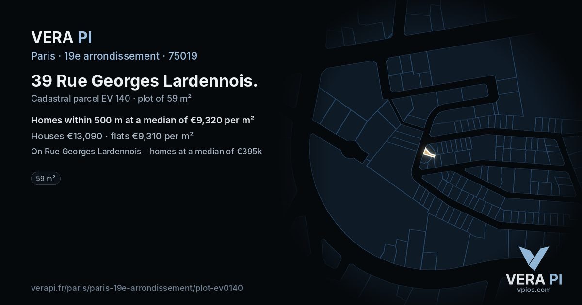 39 Rue Georges Lardennois, 19e arrondissement at night – the plot lit, the parcels around coloured by the prices near them