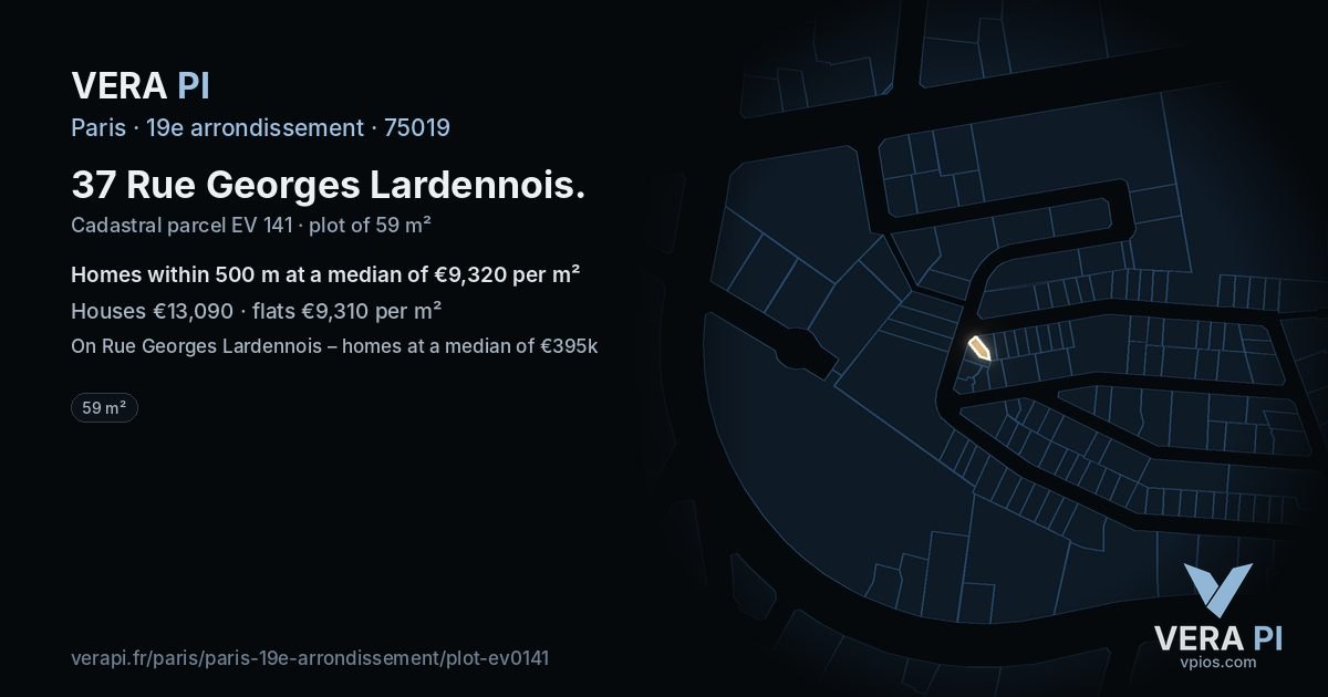 37 Rue Georges Lardennois, 19e arrondissement at night – the plot lit, the parcels around coloured by the prices near them