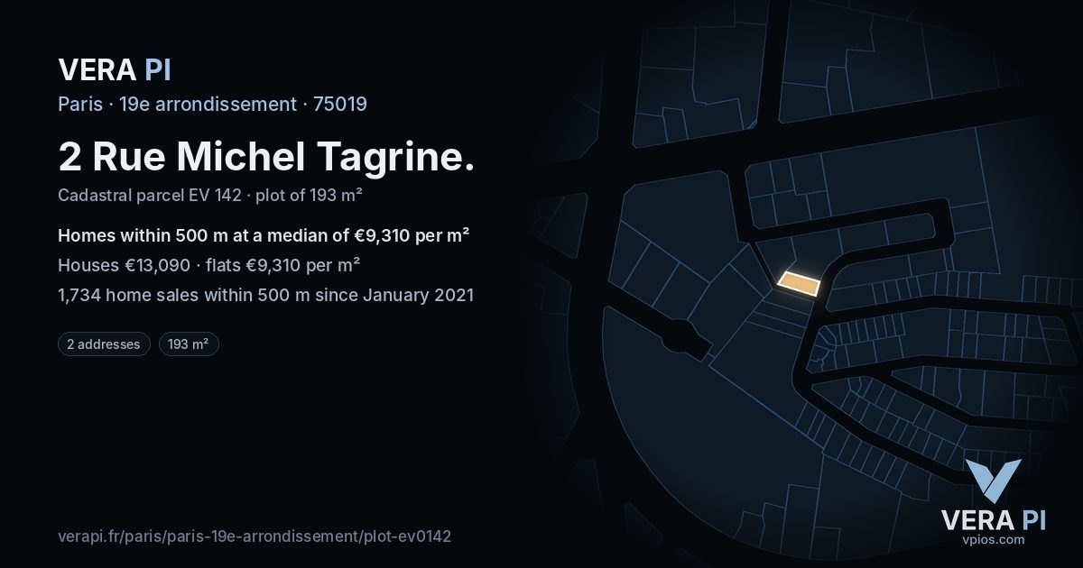 2 Rue Michel Tagrine, 19e arrondissement at night – the plot lit, the parcels around coloured by the prices near them