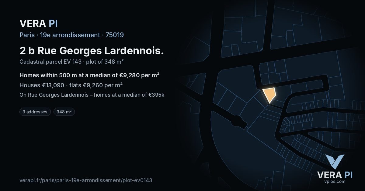 2 b Rue Georges Lardennois, 19e arrondissement at night – the plot lit, the parcels around coloured by the prices near them