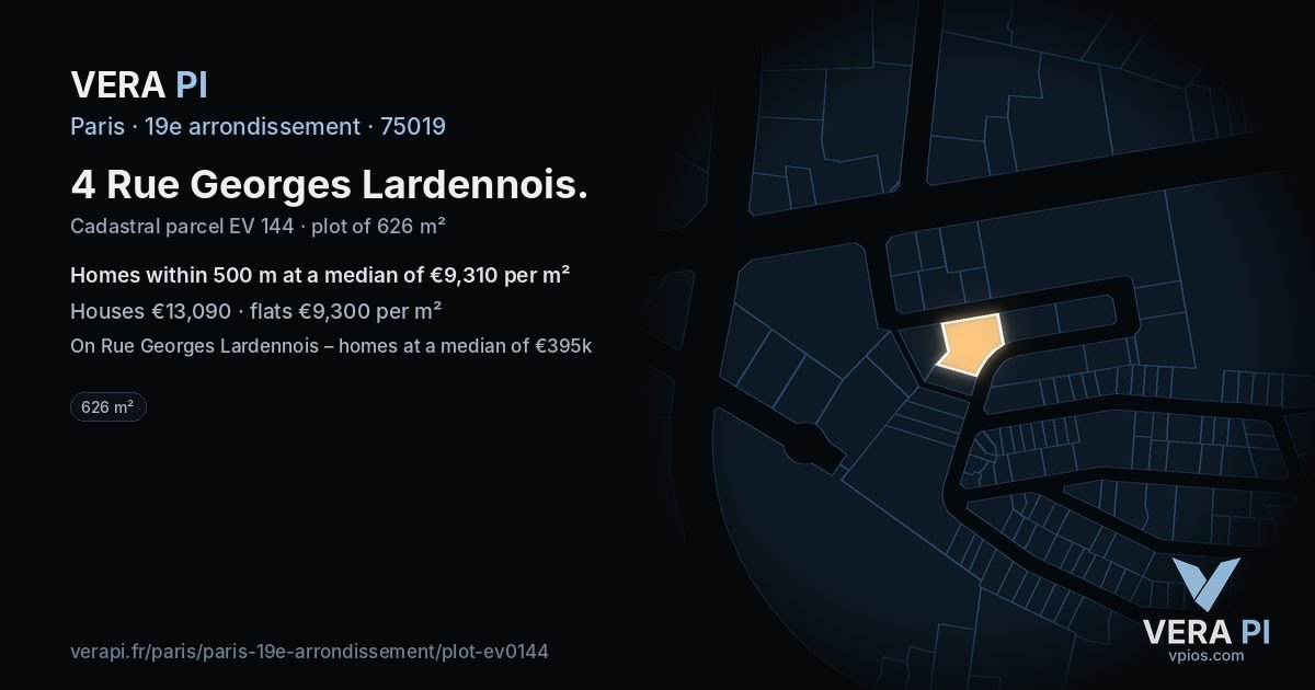 4 Rue Georges Lardennois, 19e arrondissement at night – the plot lit, the parcels around coloured by the prices near them