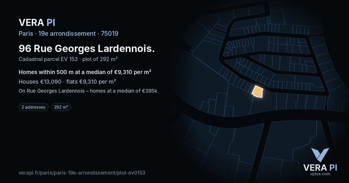 96 Rue Georges Lardennois, 19e arrondissement at night – the plot lit, the parcels around coloured by the prices near them