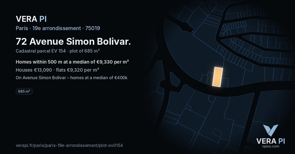 72 Avenue Simon Bolivar, 19e arrondissement at night – the plot lit, the parcels around coloured by the prices near them