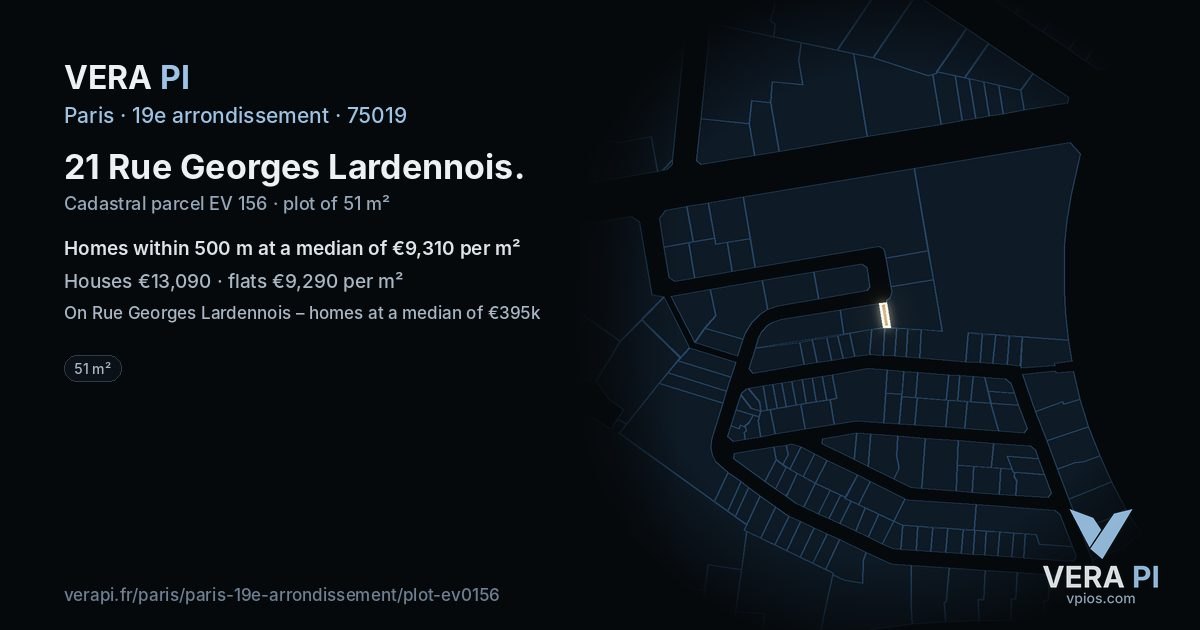 21 Rue Georges Lardennois, 19e arrondissement at night – the plot lit, the parcels around coloured by the prices near them