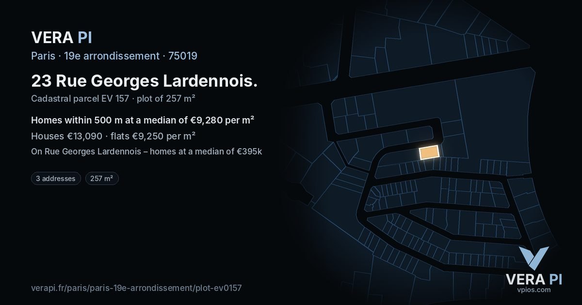 23 Rue Georges Lardennois, 19e arrondissement at night – the plot lit, the parcels around coloured by the prices near them