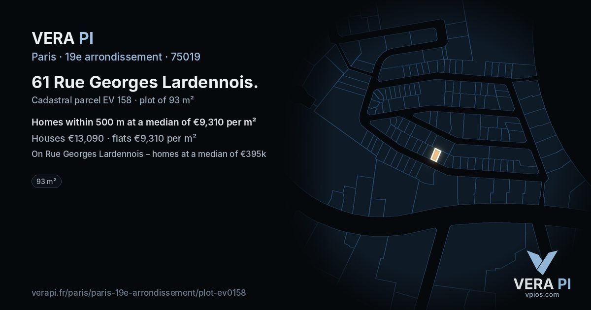61 Rue Georges Lardennois, 19e arrondissement at night – the plot lit, the parcels around coloured by the prices near them