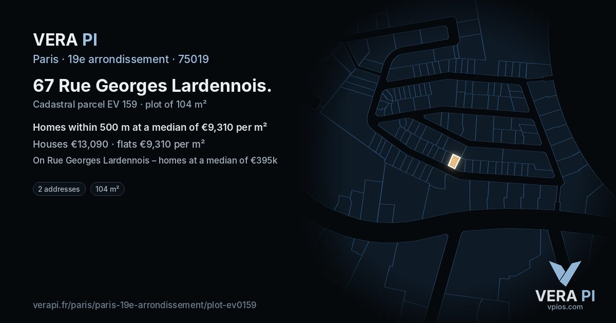 67 Rue Georges Lardennois, 19e arrondissement at night – the plot lit, the parcels around coloured by the prices near them