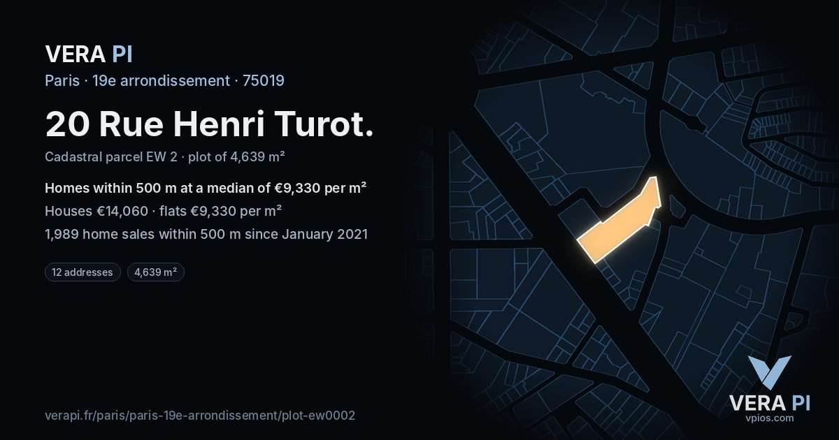 20 Rue Henri Turot, 19e arrondissement at night – the plot lit, the parcels around coloured by the prices near them