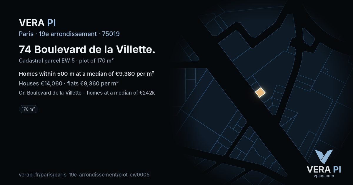74 Boulevard de la Villette, 19e arrondissement at night – the plot lit, the parcels around coloured by the prices near them