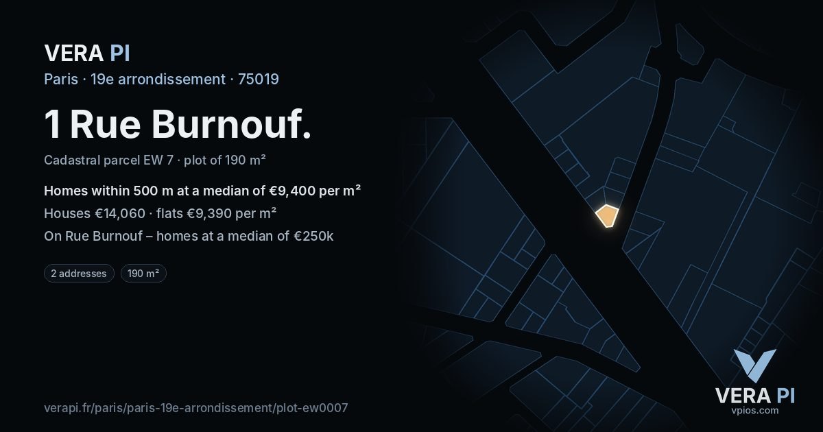 1 Rue Burnouf, 19e arrondissement at night – the plot lit, the parcels around coloured by the prices near them