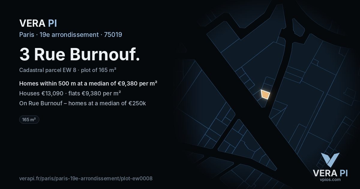 3 Rue Burnouf, 19e arrondissement at night – the plot lit, the parcels around coloured by the prices near them