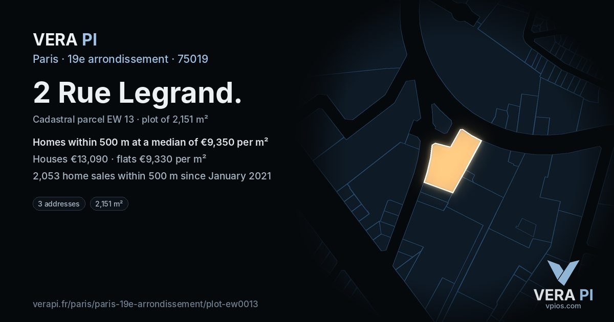 2 Rue Legrand, 19e arrondissement at night – the plot lit, the parcels around coloured by the prices near them