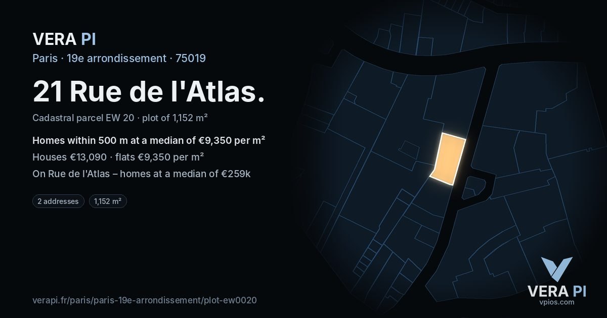 21 Rue de l'Atlas, 19e arrondissement at night – the plot lit, the parcels around coloured by the prices near them