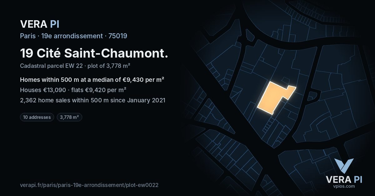 19 Cité Saint-Chaumont, 19e arrondissement at night – the plot lit, the parcels around coloured by the prices near them