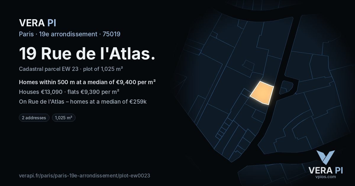 19 Rue de l'Atlas, 19e arrondissement at night – the plot lit, the parcels around coloured by the prices near them