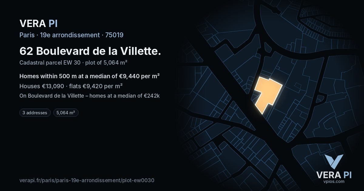 62 Boulevard de la Villette, 19e arrondissement at night – the plot lit, the parcels around coloured by the prices near them