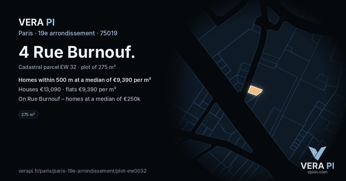 4 Rue Burnouf, 19e arrondissement at night – the plot lit, the parcels around coloured by the prices near them
