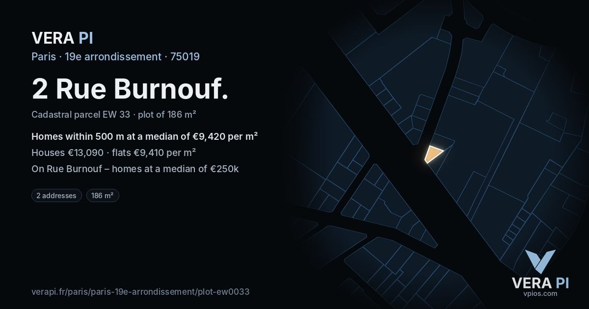 2 Rue Burnouf, 19e arrondissement at night – the plot lit, the parcels around coloured by the prices near them
