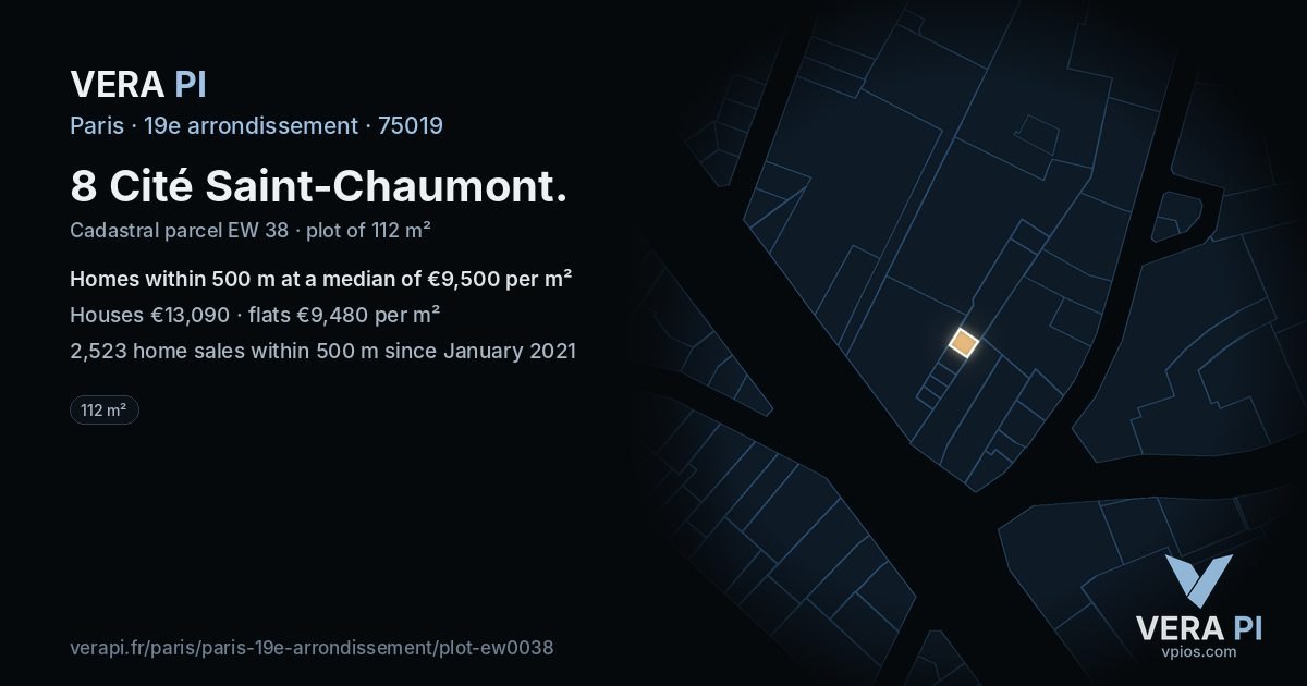 8 Cité Saint-Chaumont, 19e arrondissement at night – the plot lit, the parcels around coloured by the prices near them