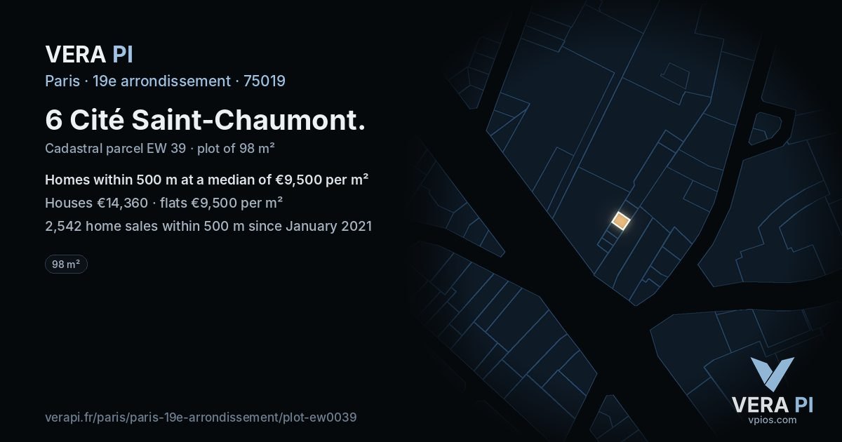 6 Cité Saint-Chaumont, 19e arrondissement at night – the plot lit, the parcels around coloured by the prices near them