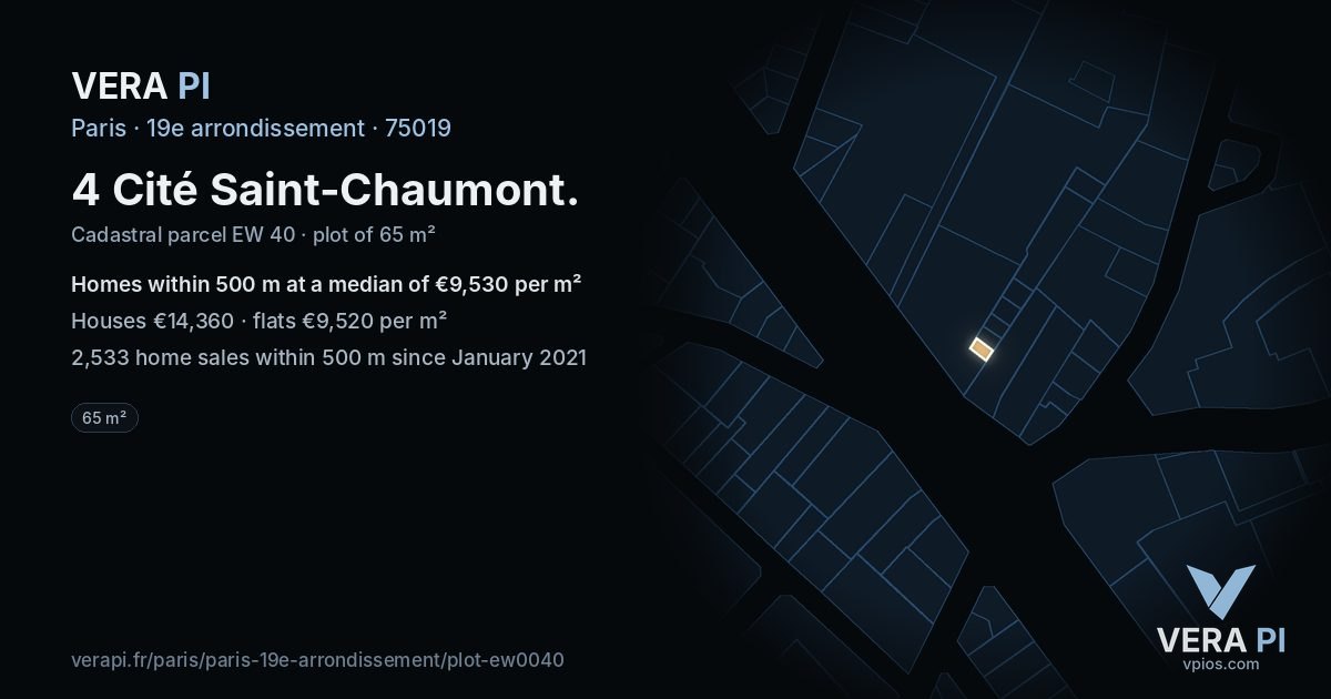 4 Cité Saint-Chaumont, 19e arrondissement at night – the plot lit, the parcels around coloured by the prices near them