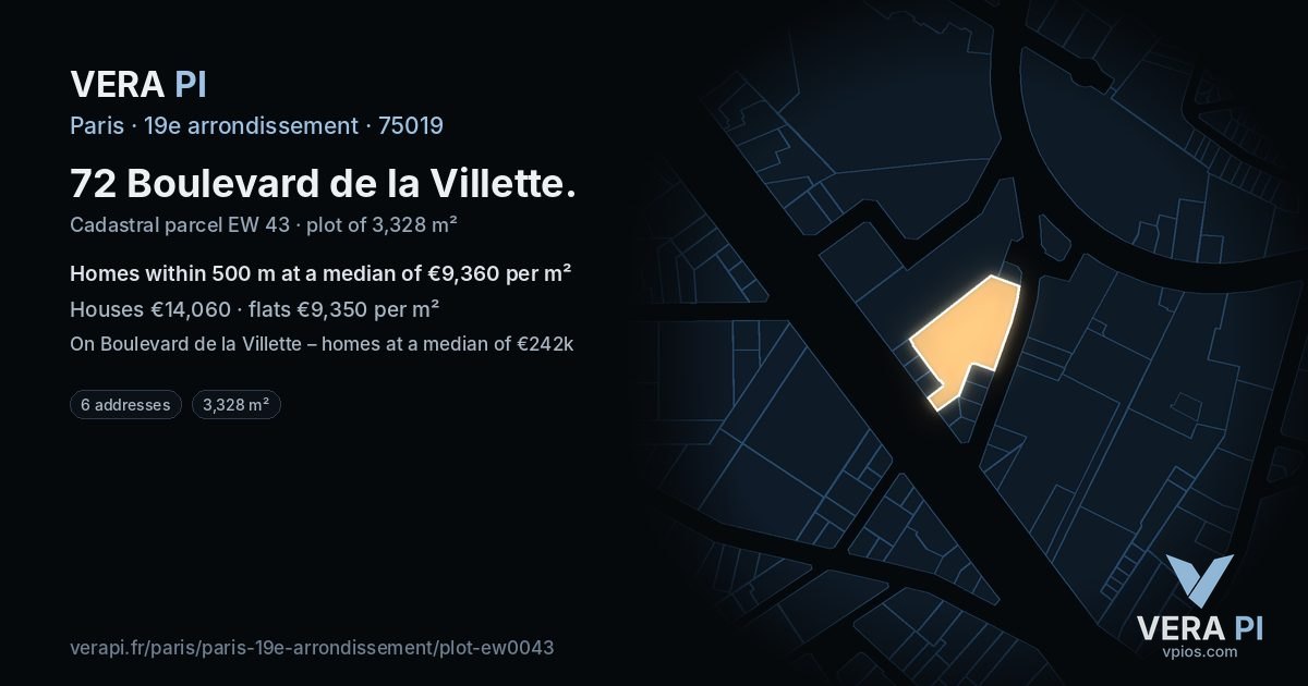 72 Boulevard de la Villette, 19e arrondissement at night – the plot lit, the parcels around coloured by the prices near them