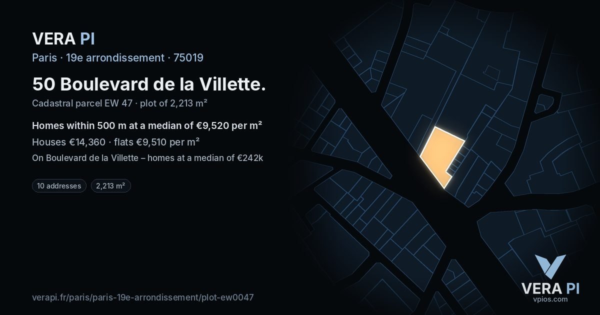 50 Boulevard de la Villette, 19e arrondissement at night – the plot lit, the parcels around coloured by the prices near them