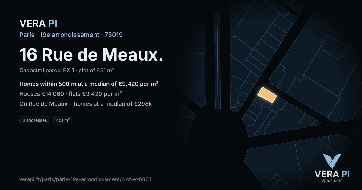 16 Rue de Meaux, 19e arrondissement at night – the plot lit, the parcels around coloured by the prices near them