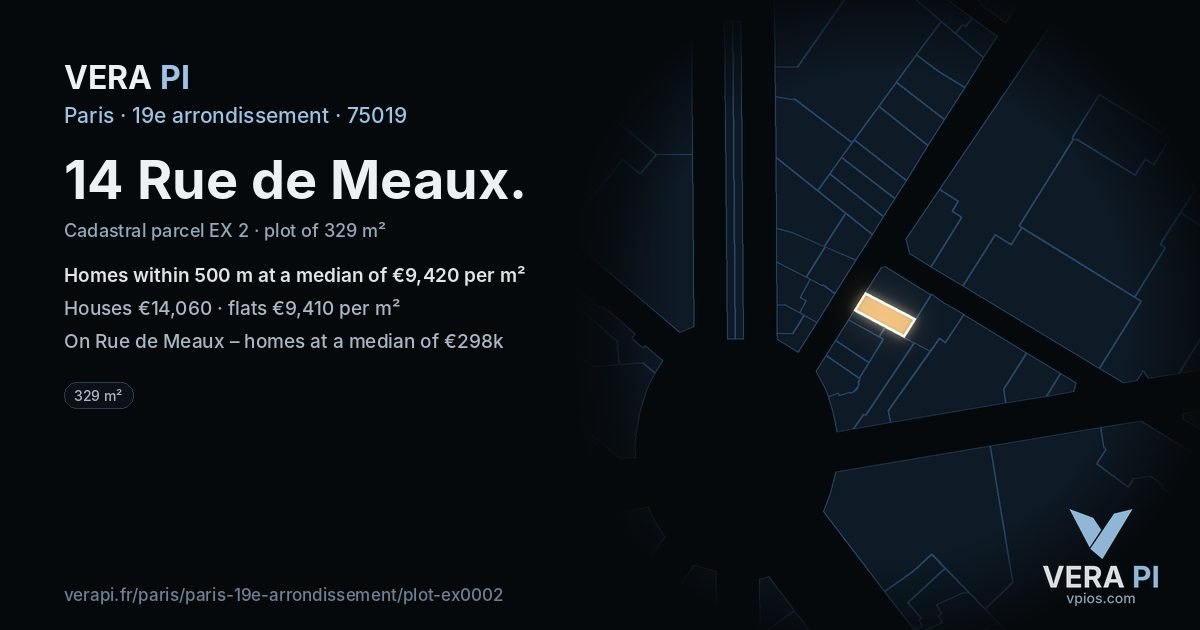 14 Rue de Meaux, 19e arrondissement at night – the plot lit, the parcels around coloured by the prices near them