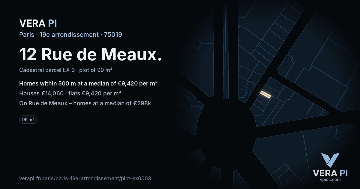 12 Rue de Meaux, 19e arrondissement at night – the plot lit, the parcels around coloured by the prices near them