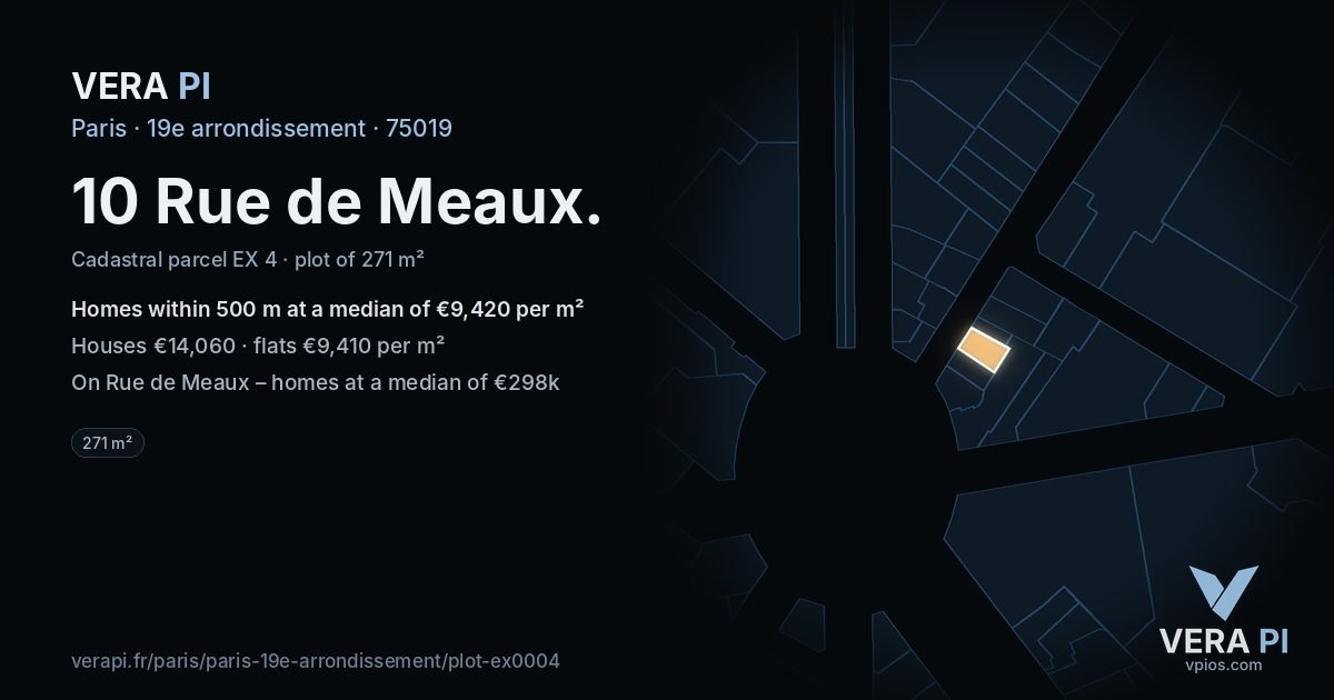 10 Rue de Meaux, 19e arrondissement at night – the plot lit, the parcels around coloured by the prices near them