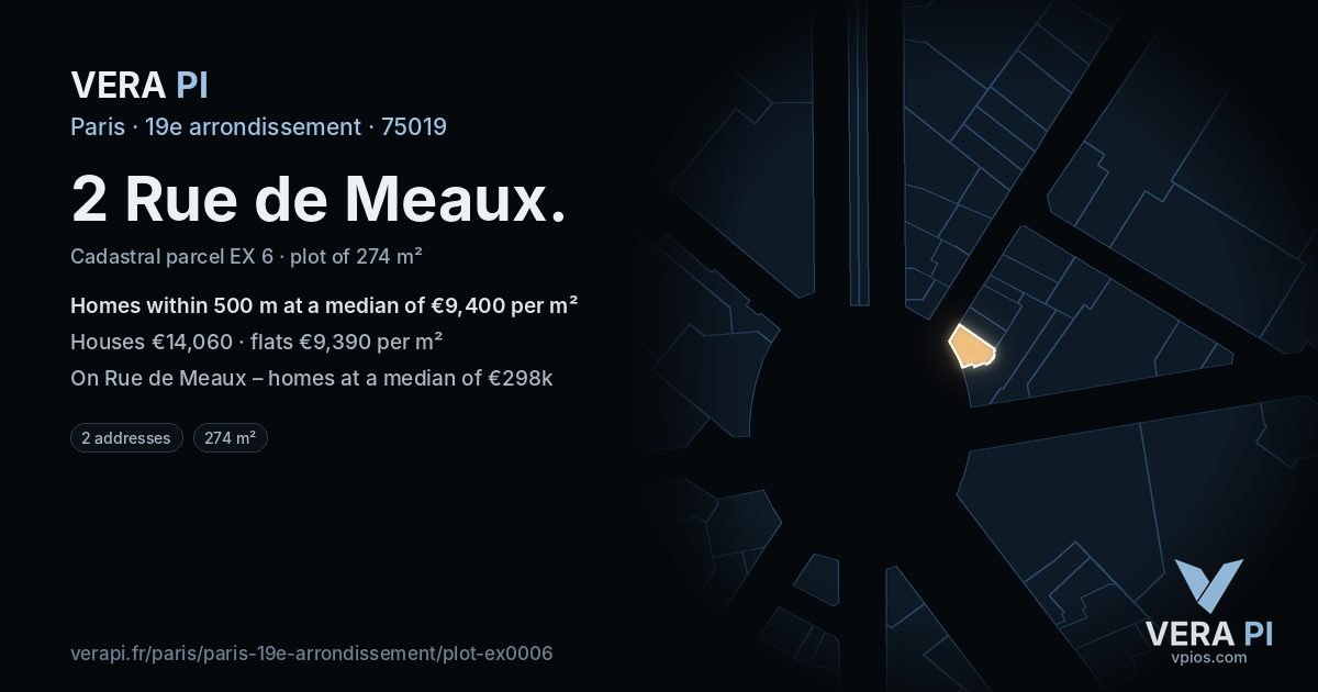 2 Rue de Meaux, 19e arrondissement at night – the plot lit, the parcels around coloured by the prices near them