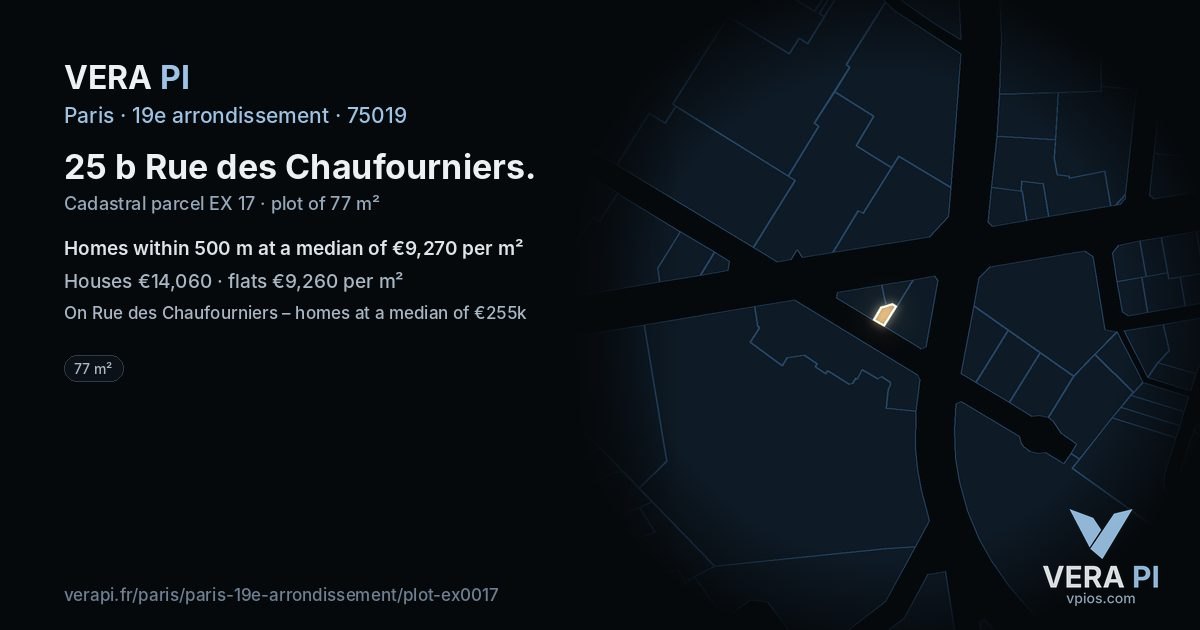 25 b Rue des Chaufourniers, 19e arrondissement at night – the plot lit, the parcels around coloured by the prices near them