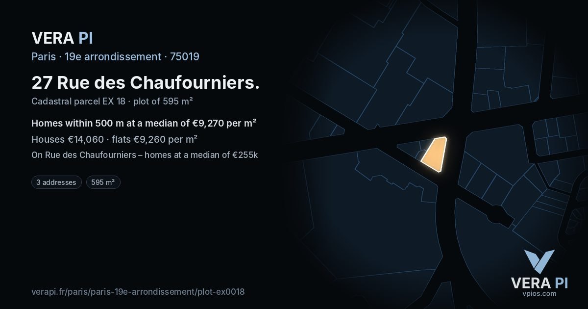 27 Rue des Chaufourniers, 19e arrondissement at night – the plot lit, the parcels around coloured by the prices near them